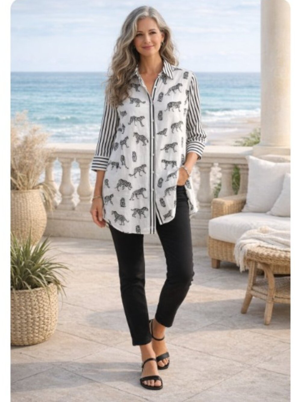 Chico's Black & White Whimsy Cheetah Print No-Iron Tunic Top Sz 3